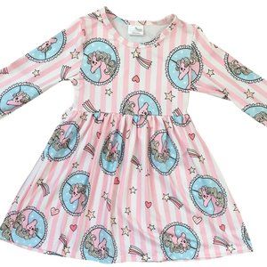 Little Girl Long Sleeve Unicorn Stripe Holiday Fall Winter Party Girl Dress